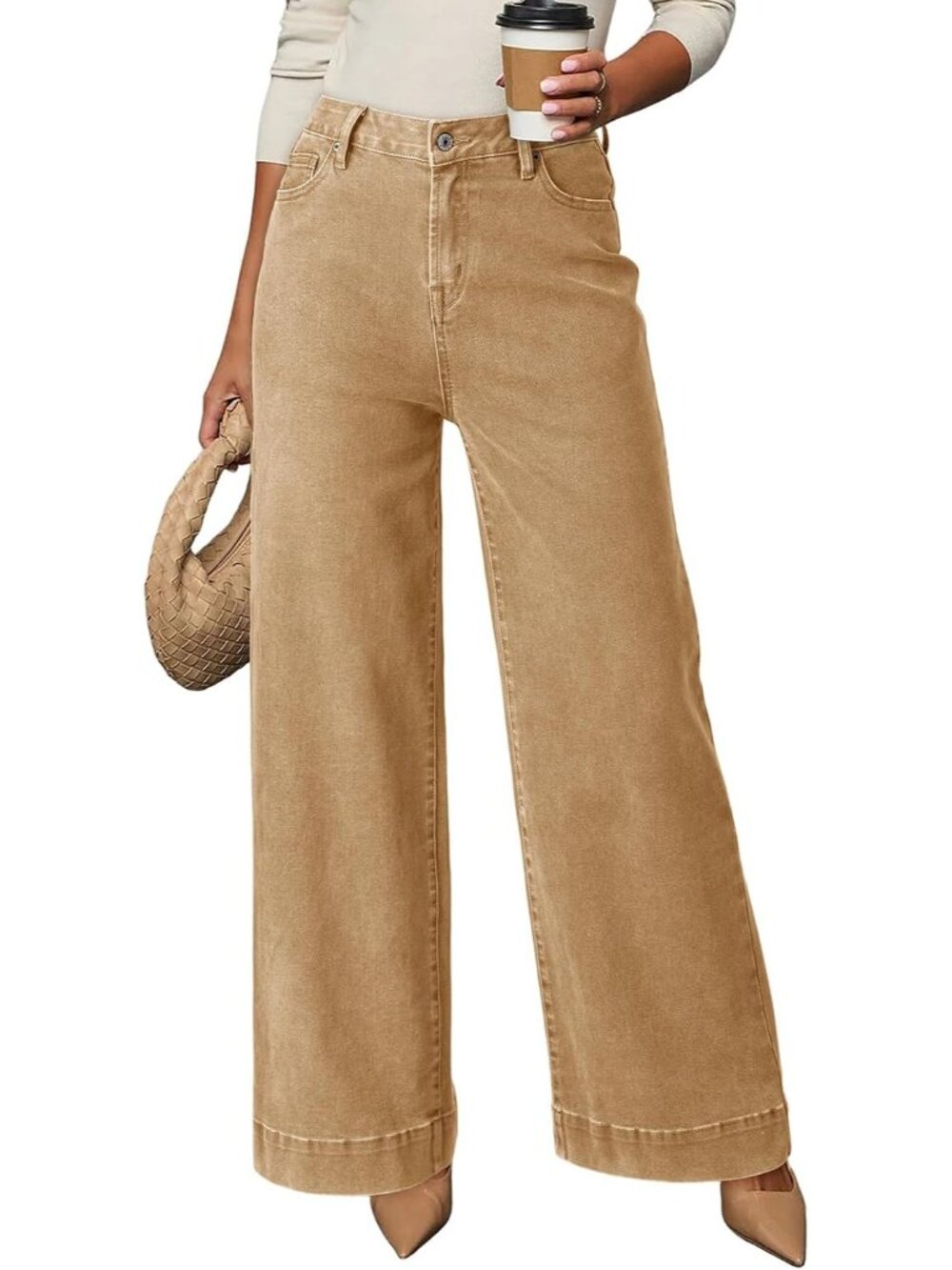 Women's Gold High Waisted Jeans Stretch Wide Leg Loose Denim Baggy Pant Jeans
